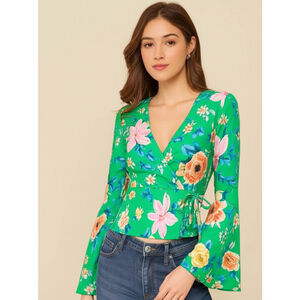 Miley Molly Floral Wrap Top Green Bell Sleeve Size M (16”-17” PTP)